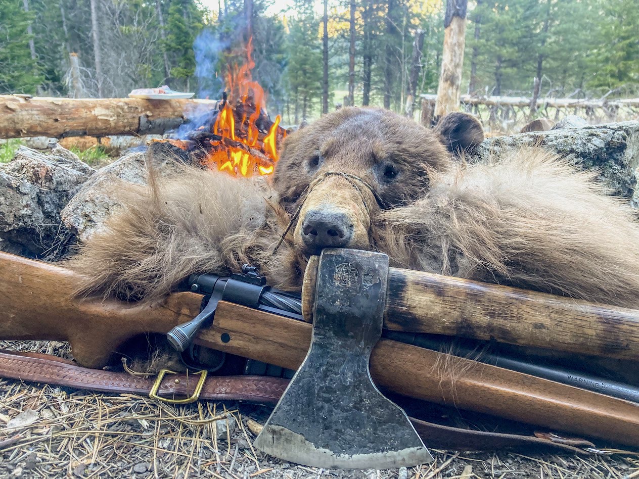 A Taiga axe and rifle beside a bear hide at a campfire